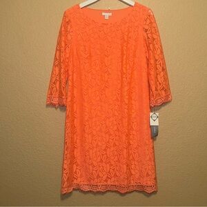 NWT London Times Size 12 Coral Orange Lace 3/4 Sleeve Dress Shift Pullover Lined